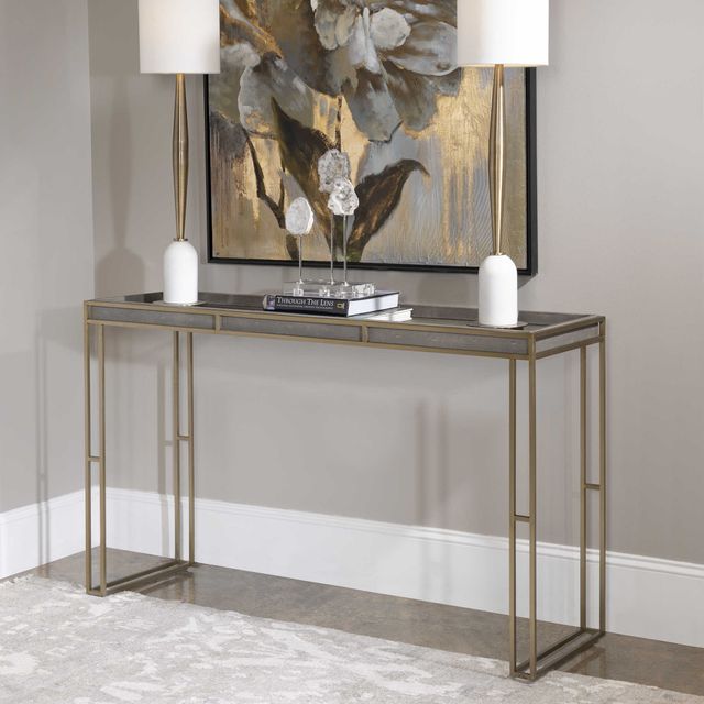 Uttermost® Cardew Charcoal Gray Console Table with Brushed Brass Base-1