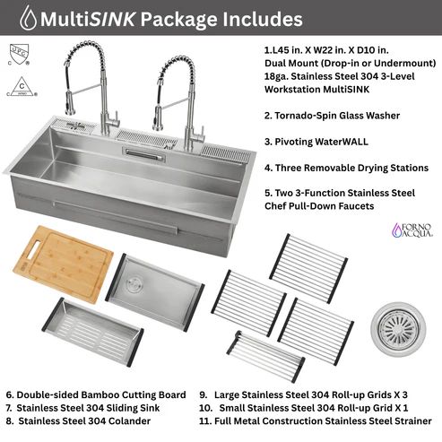 Forno Acqua MultiSINK Stainless Steel 10" Dual Mount 3-Level Workstation Sink with 2 Faucets and Glass Rinser-2