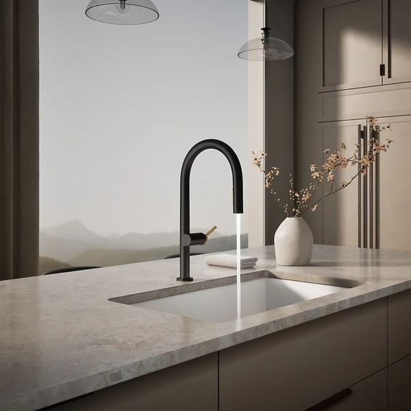 KOHLER® Components® Matte Black/Brushed Moderne Brass Pull-Down Kitchen Sink Faucet with 2-Function Sprayhead-2