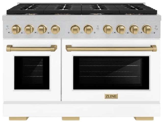 ZLINE Autograph Edition 48" Satin Stainless Steel Pro Style Gas Range with White Matte Door and Champagne Bronze Accents-0