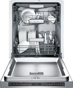front view of the opened Bosch Benchmark® 24" Stainless Steel Built In Dishwasher