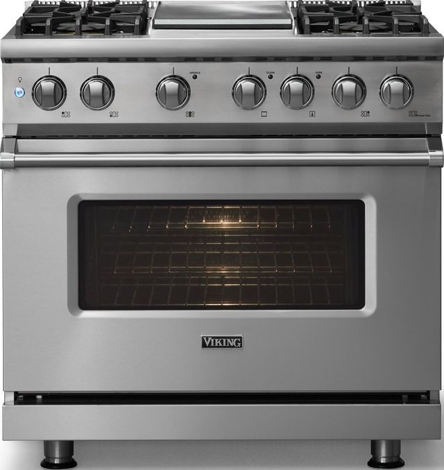 Viking® 5 Series 36" Stainless Steel Pro Style Dual Fuel (LP) Range with Polished Chrome Trim-2