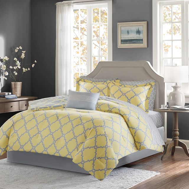 Olliix by Madison Park Essentials Merritt Yellow/Grey Twin Reversible Complete Comforter and Cotton Sheet Set-1