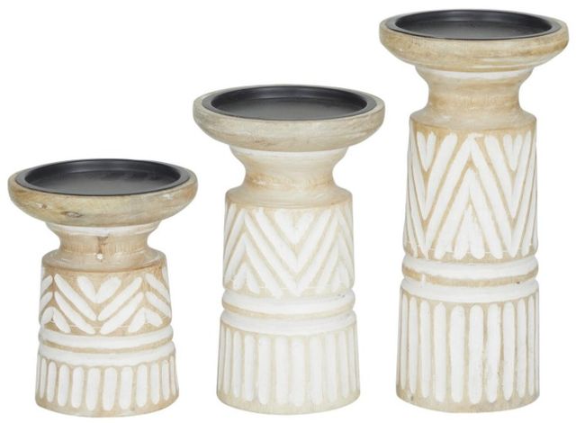 Deco Marche 3-Piece Light Brown Carved Tribal Pillar Candle Holder Set-0