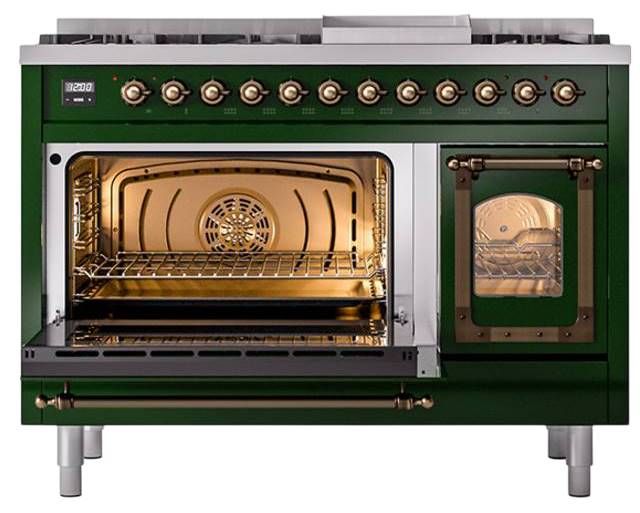 Ilve® Nostalgie II Noblesse 48'' Emerald Green Pro Style Dual Fuel Range with Burnished Trim-3