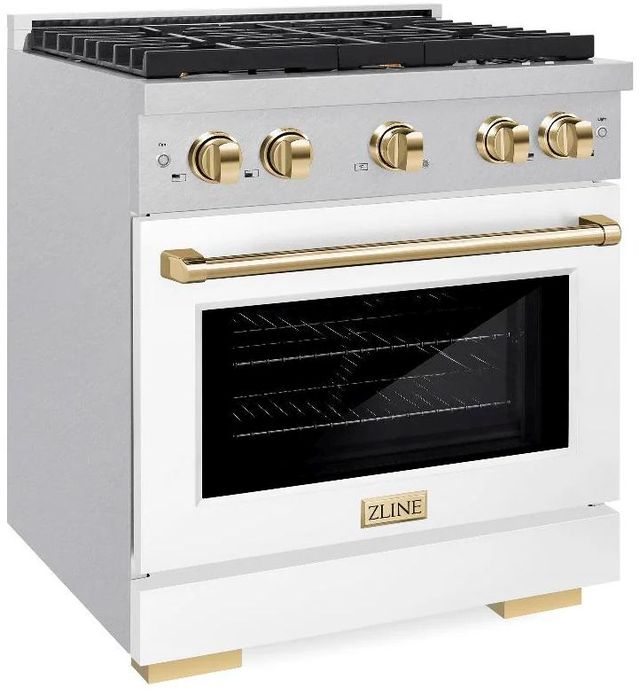 ZLINE Autograph Edition Paramount 30" Satin Stainless Steel Pro Style Dual Fuel Range with White Matte Door and Polished Gold Accents-2