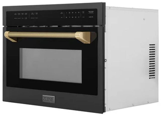 ZLINE Autograph Edition 24" 1.6 Cu. Ft. Black Stainless Steel Built-in Convection Microwave Oven with Polished Gold Helix Handle-2