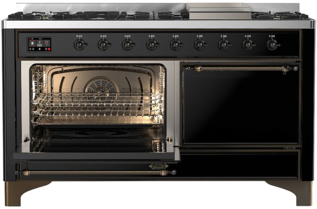 Ilve® Majestic III 60" Glossy Black Pro Style Dual Fuel Liquid Propane Range with Solid Door and Burnished Trim-2