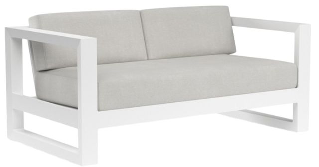 Sunset West Newport Satin White Aluminum Outdoor Loveseat with Cast Silver Cushion-0