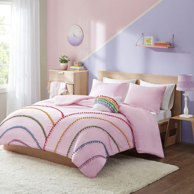 Olliix by Mi Zone Juniper Pink Twin/Twin XL Rainbow Comforter Set with Pompom Trim-1