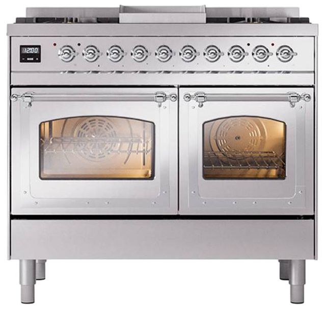 Ilve® Nostalgie II Noblesse 40'' Stainless Steel Pro Style Dual Fuel Range with Chrome Trim-1