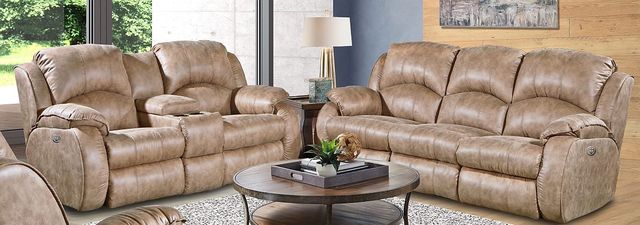 Southern Motion™ Cagney Vintage Double Reclining Power Headrest Loveseat with Console-1