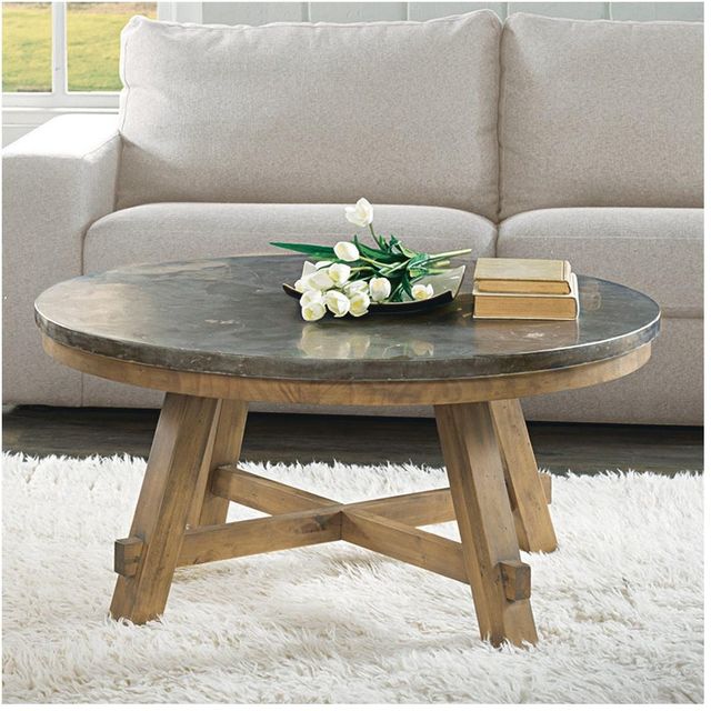 Riverside Furniture Weatherford Bluestone Round Coffee Table with Reclaimed Natural Pine Base-1