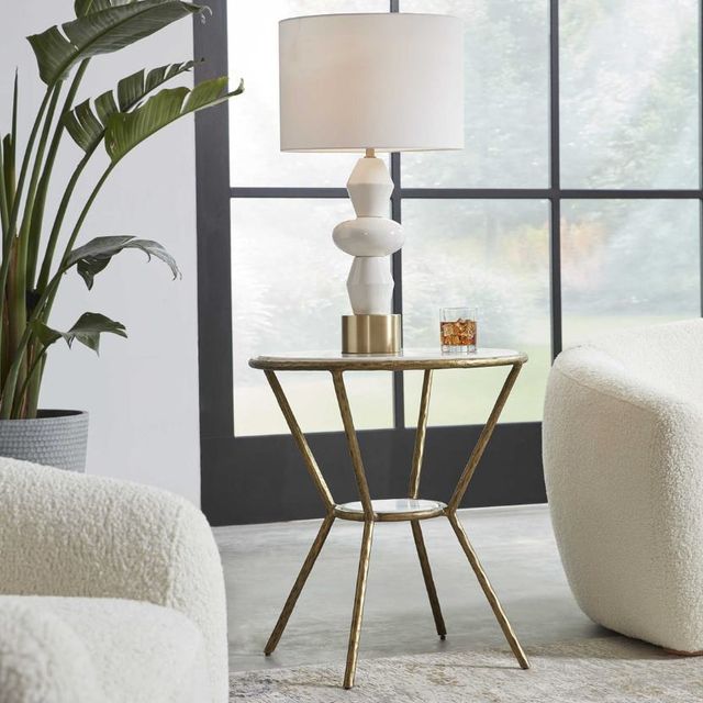Uttermost® Refuge White Side Table with Antique Gold Frame-1
