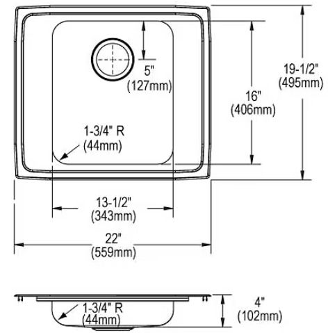 Elkay Lustertone® Classic Lustrous Satin Stainless Steel 22" x 20" x 4" 2LM-Hole Single Bowl Drop-in Classroom ADA Sink-1