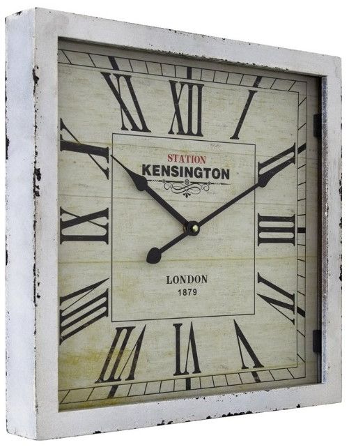 YHD Distressed White Square Wooden Wall Clock-2