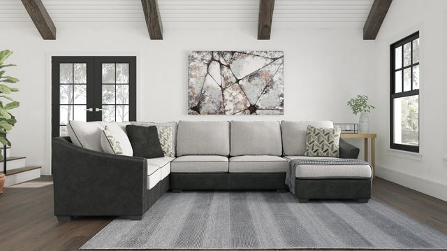 front view of a modern living room with a two-tone sofa