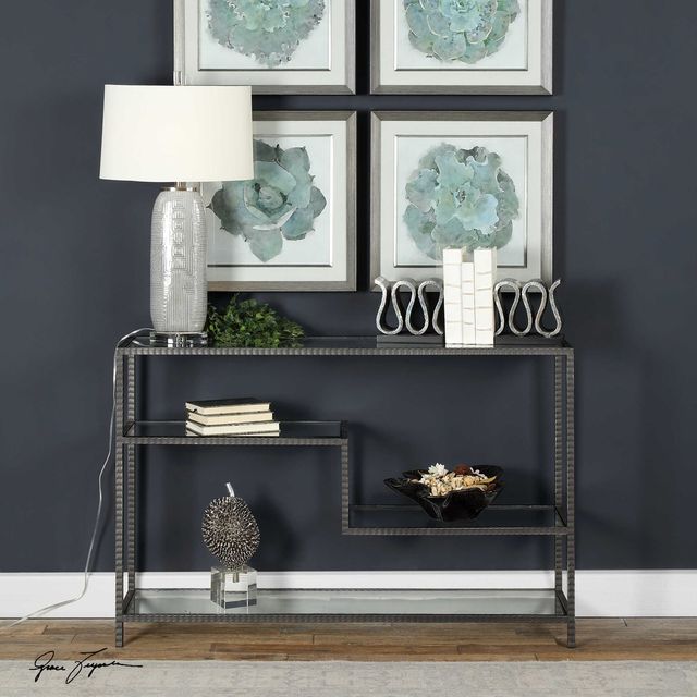 Uttermost® Leo Glass Top Console Table with Aged Gunmetal Frame-1