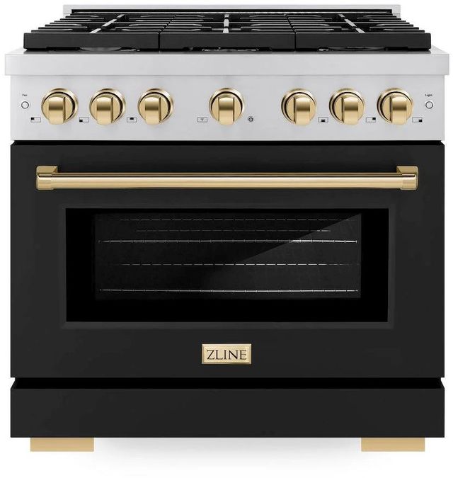 ZLINE Autograph Edition Paramount 36" Stainless Steel Pro Style Gas Range with Black Matte Door and Polished Gold Accents-0
