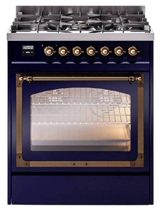 Ilve® Nostalgie II Noblesse 30" Midnight Blue Pro Style Dual Fuel Range with Burnished Trim-0