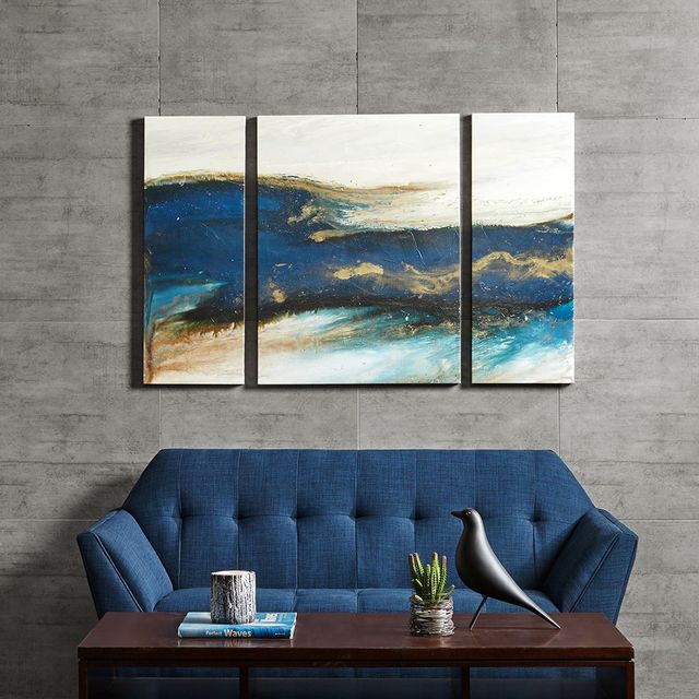 Olliix by INK+IVY Blue Set of 3 Rolling Waves Gel Coated Canvas Pieces-1