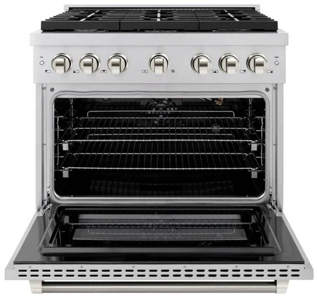 ZLINE Autograph Edition Paramount 36" Stainless Steel/Polished Nickel Helix Handle Freestanding Gas Range with 6 Burner Cooktop and Convection Gas Oven-1