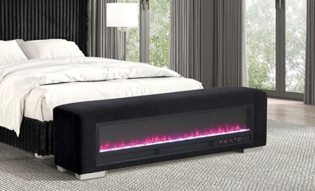 Furniture of America® Elnath Black Bench with Visual Crystal Fireplace-1