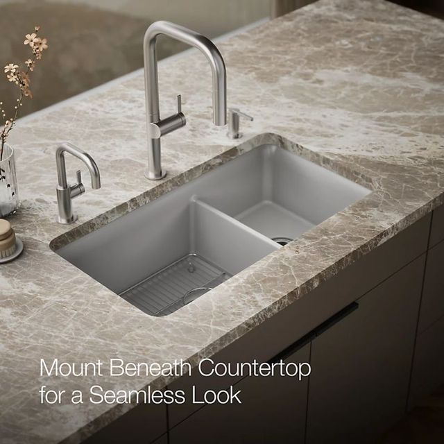 KOHLER® Cairn® Matte Gray 34" Undermount Double Offset Bowl Kitchen Sink-2