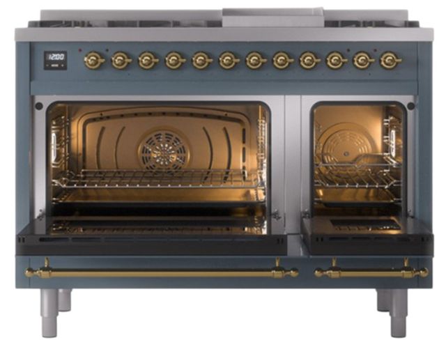 Ilve® Nostalgie II Noblesse 48'' Blue Gray Pro Style Dual Fuel Range with Brass Trim-1
