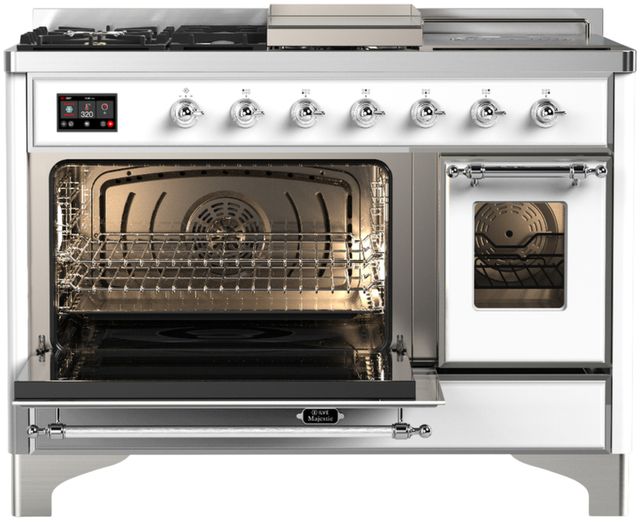 Ilve® Majestic III 48" White Pro Style Dual Fuel Liquid Propane Range with 5 Black Brass Burners and Chrome Trim-2