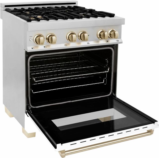ZLINE Autograph Edition 30" Stainless Steel Pro Style Dual Fuel Range with White Matte Door and Polished Gold Accents-3