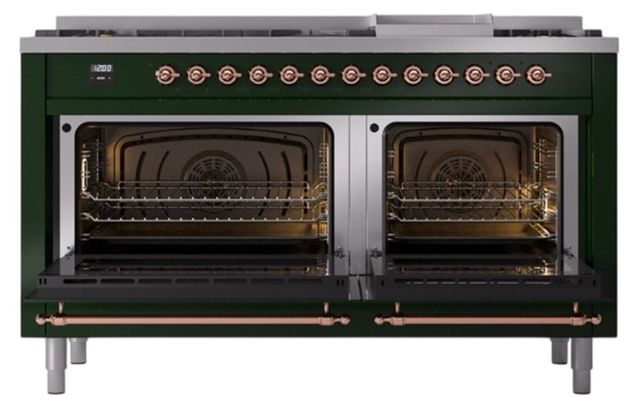 Ilve® Nostalgie II Noblesse 60'' Emerald Green Pro Style Dual Fuel Range with Copper Trim-1