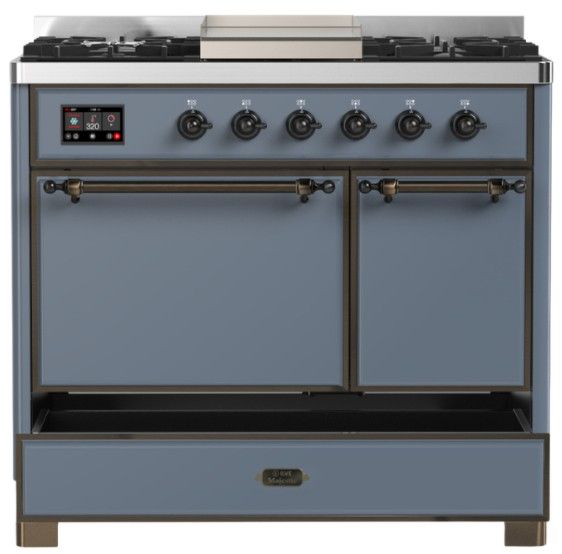 Ilve® Majestic III 40" Blue Gray Pro Style Dual Fuel Liquid Propane Range with Solid Door and Burnished Trim-2