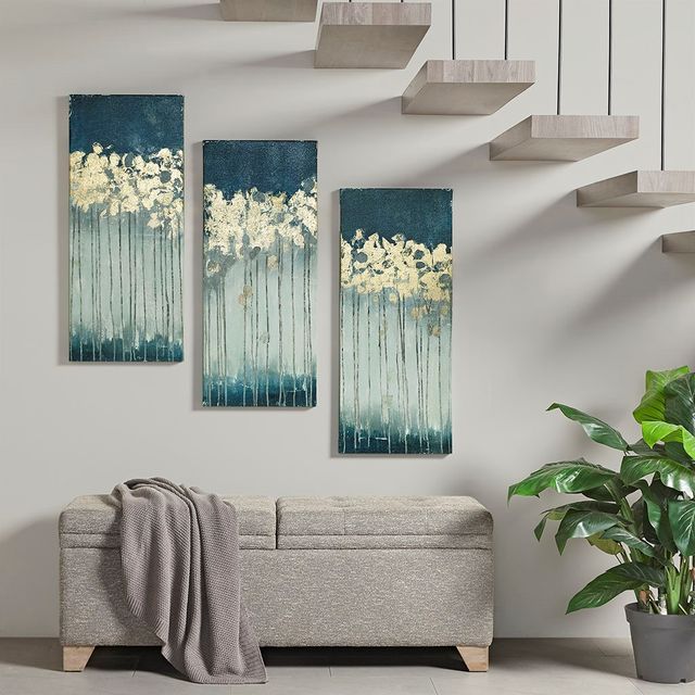Olliix by Madison Park Teal Set f 3 Midnight Forest Gel Coat Canvas with Gold Foil Embellishment-2
