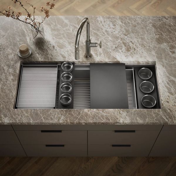 KOHLER® Synthos™ Matte Black/Stainless Steel 46" Undermount Single-Bowl Workstation Kitchen Sink-1