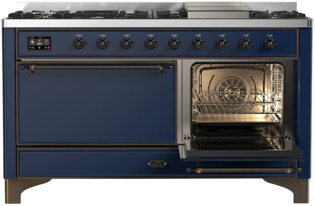 Ilve® Majestic III 60" Midnight Blue Pro Style Dual Fuel Liquid Propane Range with Solid Door and Burnished Trim-3