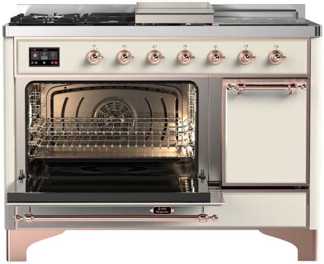 Ilve® Majestic III 48" Antique White Pro Style Dual Fuel Natural Gas Range with 5 Black Brass Burners and Copper Trim-2