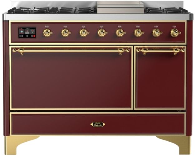 Ilve® Majestic III 48" Burgundy Pro Style Dual Fuel Natural Gas Range with Solid Door and Brass Trim-0