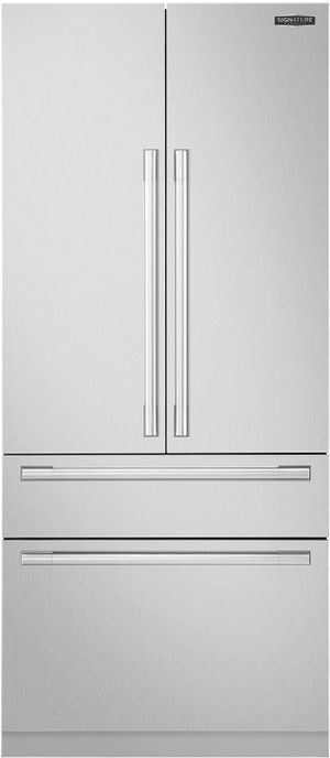 front view of the Signature Kitchen Suite 36 in. 19.3 Cu. Ft. Panel Ready Built In Counter Depth French Door Refrigerator