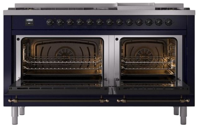Ilve® Nostalgie II Noblesse 60'' Midnight Blue Pro Style Dual Fuel Range with Burnished Trim-1