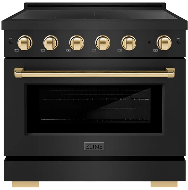 ZLINE Autograph Edition 36 in. 5.2 cu. ft. Paramount Induction Range with 5 Element Cooktop and Electric Convection Oven in Black Stainless Steel with Polished Gold Accents (SINRBZ-36-G)