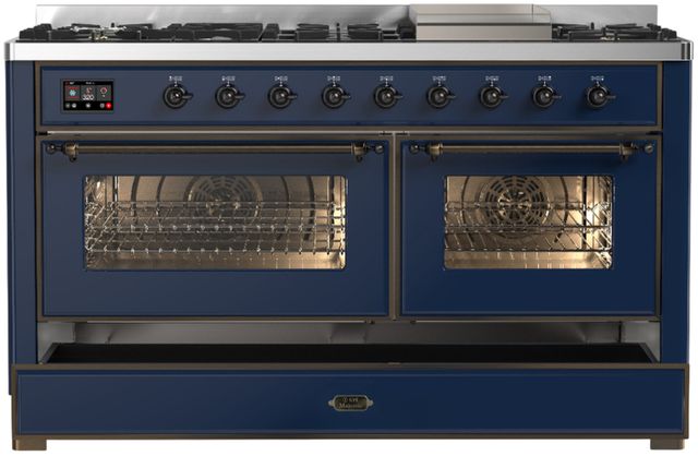 Ilve® Majestic III 60" Midnight Blue Pro Style Dual Fuel Liquid Propane Range with Triple Glass Door and Burnished Trim-1