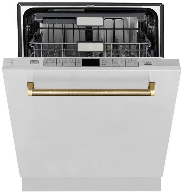 ZLINE Autograph Edition Monument 24" Stainless Steel Top Touch Control 3rd Rack Dishwasher with Auto Door Open Drying and Polished Gold Helix Handle  -1
