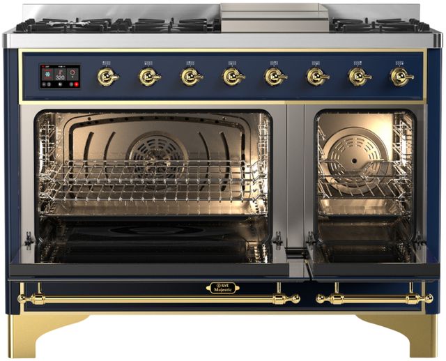 Ilve® Majestic III 48" Midnight Blue Pro Style Dual Fuel Liquid Propane Range with Triple Glass Door and Brass Trim-1