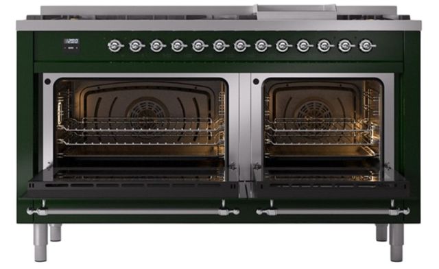 Ilve® Nostalgie II Noblesse 60'' Emerald Green Pro Style Dual Fuel Range with Chrome Trim-1
