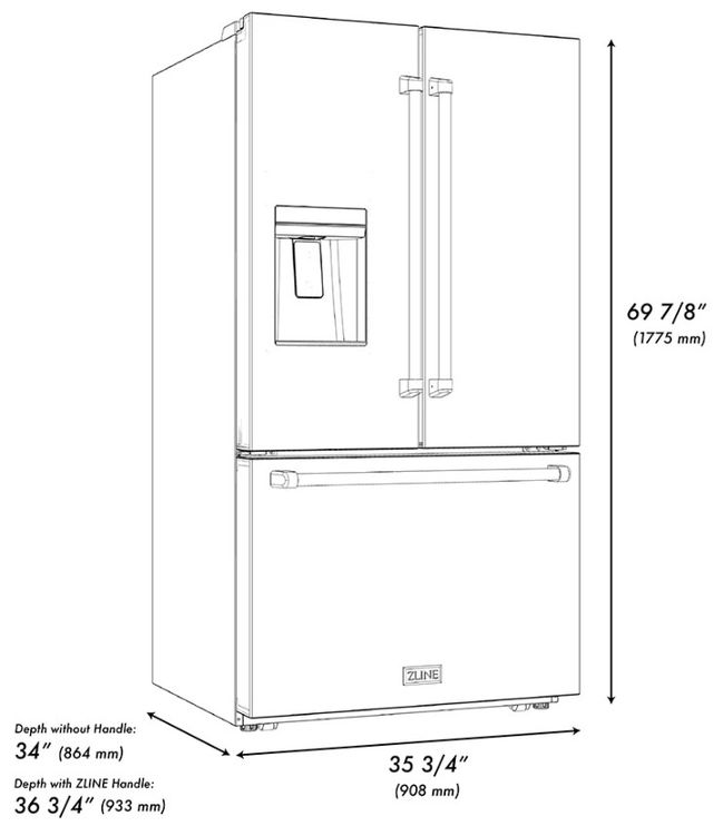 ZLINE Autograph Edition 36" 28.9 Cu. Ft. Stainless Steel Standard-Depth French Door Fingerprint-Resistant Refrigerator with External Water Dispenser and Dual Ice Maker in Champagne Bronze Helix Handles-2