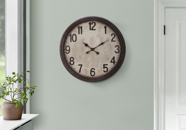Monarch Specialties Inc. Antique Brown 20" Round Wall Clock with Standard Numbers on Distressed Brow-2