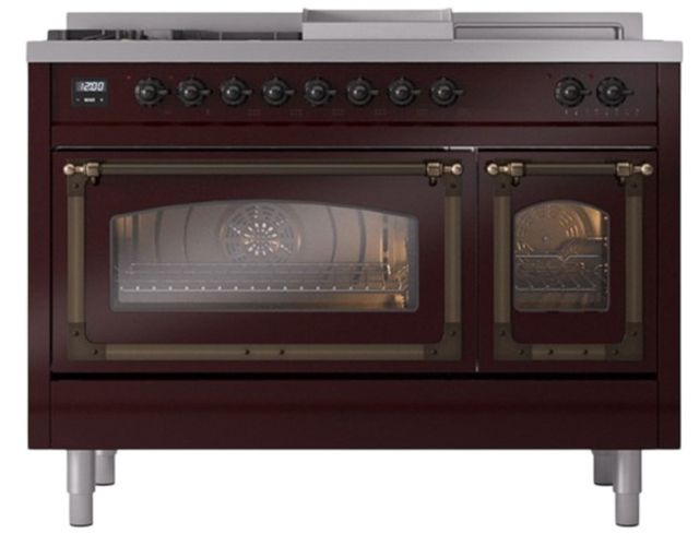 Ilve® Nostalgie II Noblesse 48'' Burgundy Pro Style Dual Fuel Range with Burnished Trim-1