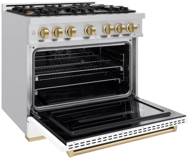 ZLINE Classic Autograph Edition 36" Stainless Steel Pro Style Gas Range with White Matte Door and Polished Gold Accents-3