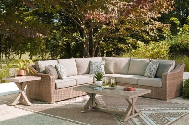 Signature Design by Ashley® Laguna Heights 3-Piece Beige/Brown Fabric/Wicker Rattan Outdoor Sectional-1